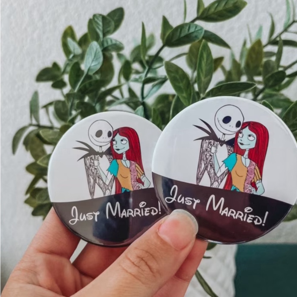 Just married Disney button pin the nightmare before Christmas wedding